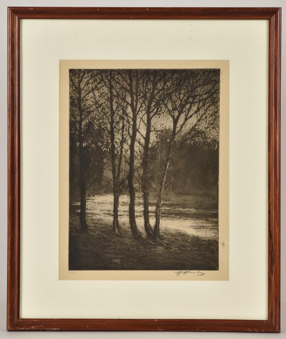 E.T. Hurley Etching, River Landscape: Pencil signed lower right, numbered lower left 4/50, 10 x 13" sight, matted and framed 16 1/4 x 19 1/4".