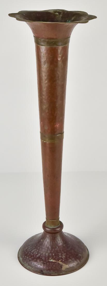 Arts & Crafts Hand Hammered Copper Trumpet Vase: Stickley Brothers style, all hand hammered with dovetailed construction and brass straps. 19" high x 6 1/4" diameter, in old brown patina.