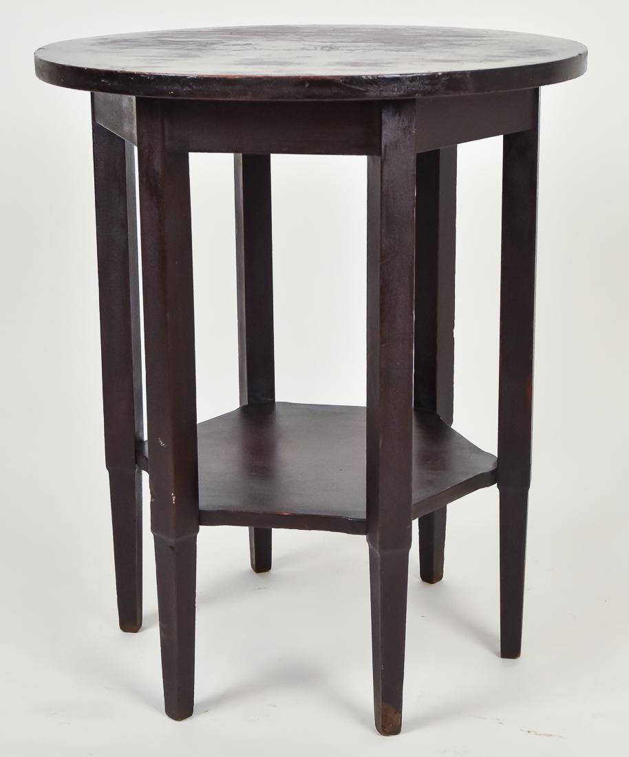 Stickley Bros. Attribution Tabouret: Mahogany, round top, six legs, octagonal lower shelf and legs which taper below shelf, good original finish with slight wear to top, 24" high x 20" diameter.