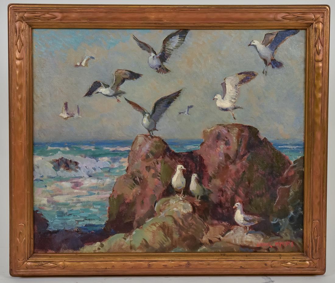Frank H. Myers (OH/CA 1899-1956) Coastal Oil Painting: Frank Harmon Myers, (Ohio/California 1899-1956) 24" x 20" oil on canvas, titled Seagulls Domain. Signed lower right, Frank Myers, in orginal gold 28" x 24" frame. Frank Myers was best known for his co