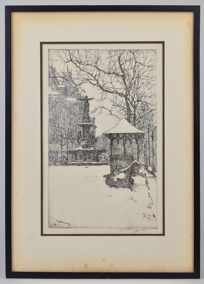 E.T. Hurley Etching of Fountain Square Cincinnati: In winter, pencil signed lower right Edward T. Hurley, 8 x 12 1/2" sight, matted and framed 13 x 18".