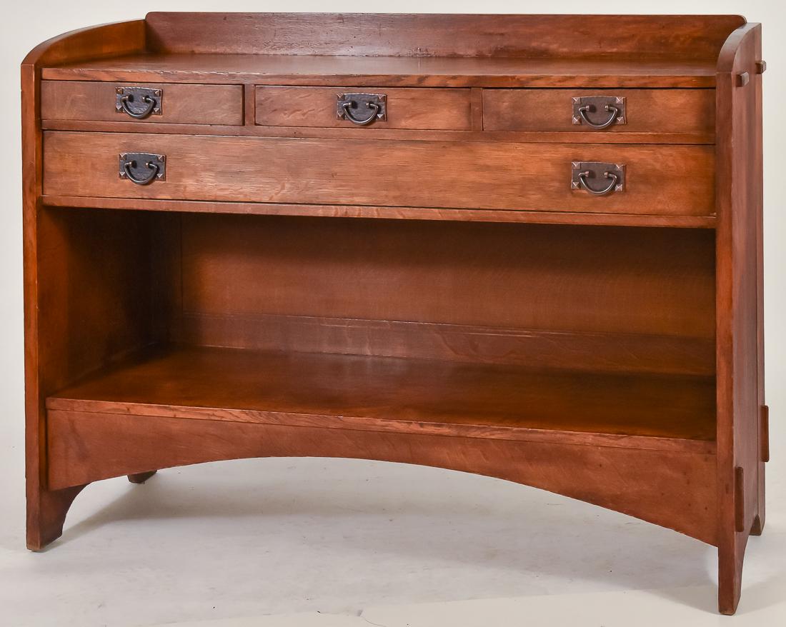 Charles Stickley Server: Oak, in style of Gustuav Stickley, Harvey Ellis design, with three drawers over arched single drawer, with lower shelf and arched front stretcher, all with mortised through construction, older refinis