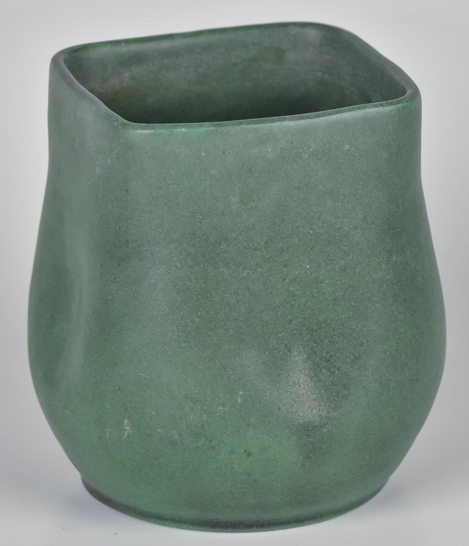 Teco Art Pottery Vase: Matt green glaze with pinched sides, stamped Teco & 531 on base, 4" diameter x 4 1/4" high.