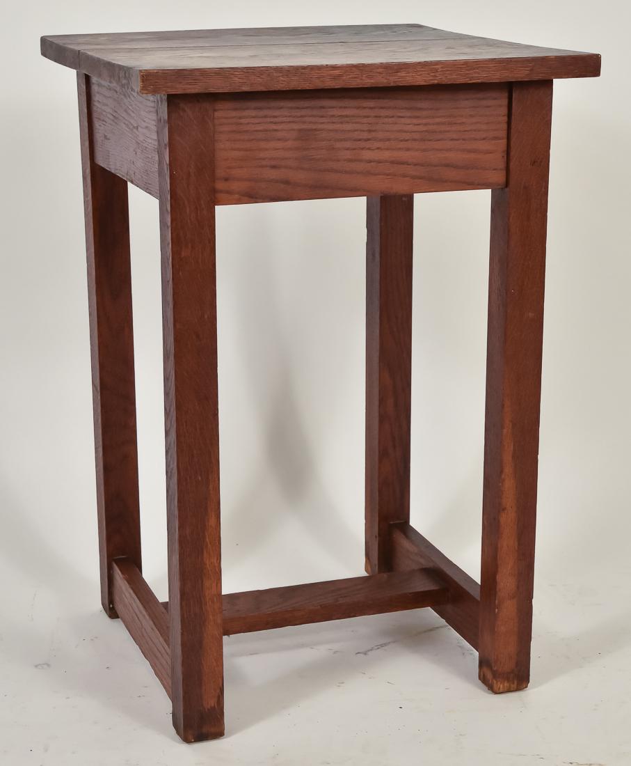 Arts & Crafts Mission Drink Stand: Oak, square, with square legs and with stretcher base, original finish, some drink stains on top, good condition, 26 3/4" high x 18" square.