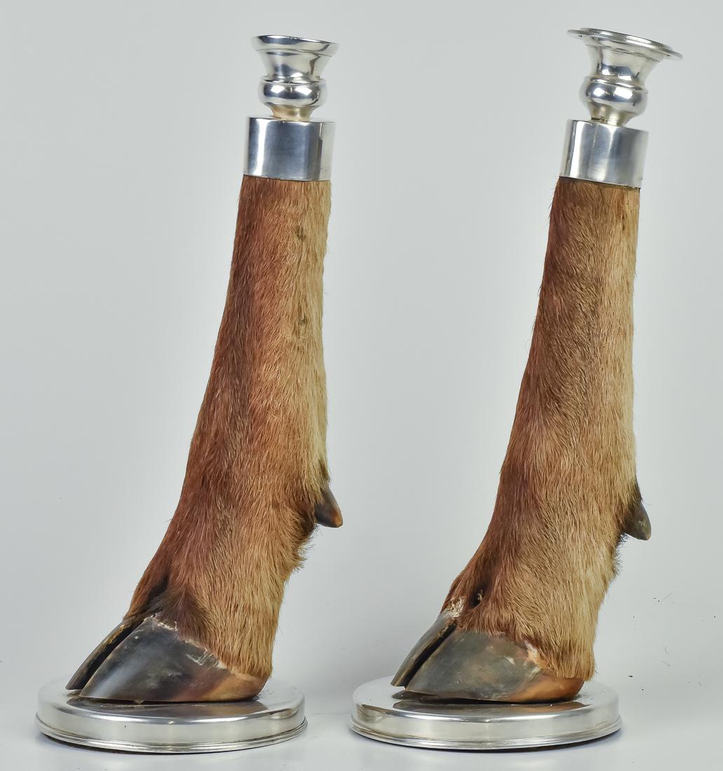 Silver & Stagg Hoof Candlesticks: Unmarked but at least .900 silver and likely sterling base and tops with European stag hoof columns, 13 1/2" high, circa 1900.