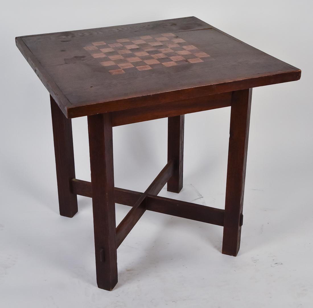 Arts & Crafts Mission Game Table: Oak, with inlaid checker board top, mortised thought cross stretchers and tenons, good original finish, 30" square x 30" high. Fine.