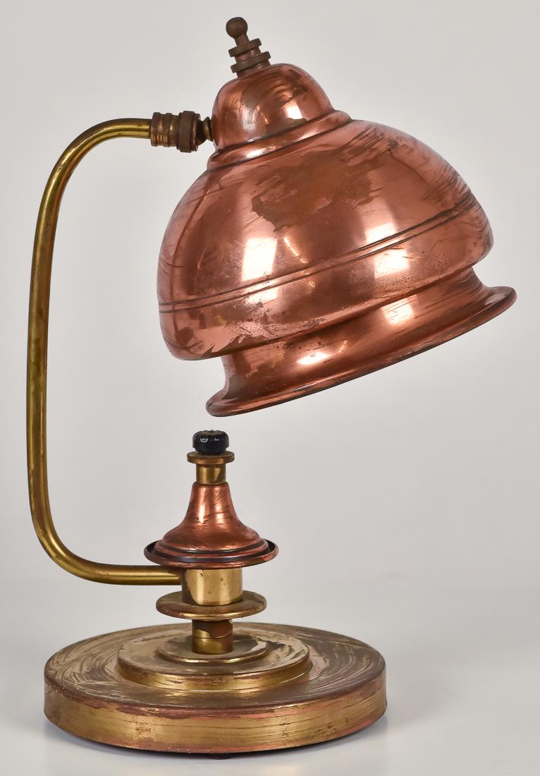 Machine Age Modern Deco Desk Lamp: A great Machine Age designed copper and brass desk lamp with goose neck swivel shade, Mid-Century Art Deco style circa 1940, 12 1/2" high.