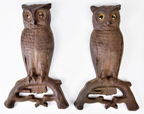 Pair Arts & Crafts Owl Iron Andirons: Original glass eyes with owl standing on branch, 16" high x 9 1/2" wide x 30" with original slip in log holder fire dogs.