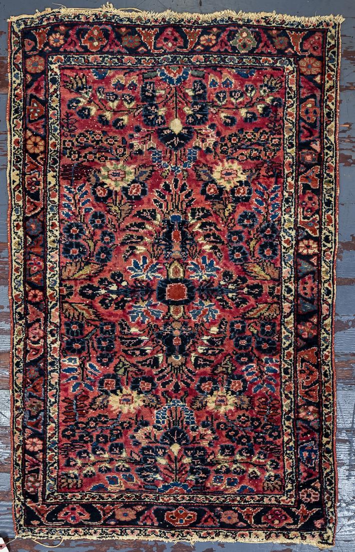 Sarouk Persian Area Rug: Estate hand woven with stylized floral with three borders, 29 x 47".