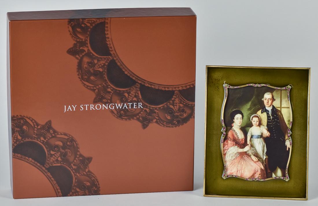 Jay Strongwater Enameled Frame in Box: Green engine turned ground with gilt surround inset with colored gems, kick stand back, stamped Jay Strongwater, also with enamel decoration, 7 x 8 3/4" in fitted box with felt bag and screw driver to
