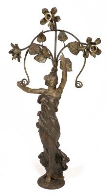 149: ART NOUVEAU NEWEL POST LAMP: ART NOUVEAU NEWEL POST LAMP SIGNED J. CAUSSE: Of lady with flowing dress and three light sections above with leaf designs. Beautiful bronzed spelter lamp with cold painted green accents. Needs wired.