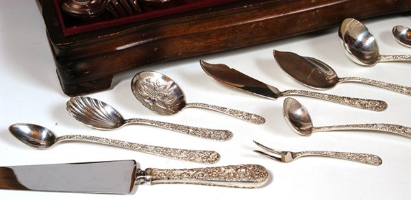 "REPOUSSE" STERLING SILVER FLATWARE SET BY S. KIRK - 2