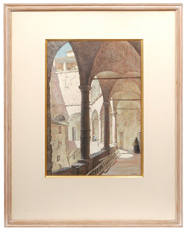 SIR MUIRHEAD BONE MIXED MEDIA ON PAPER: Muirhead Bone (1876-1953) well listed artist and famous etcher. Mixed media titled "Cloisters of the Palace, Perugia". Signed lower right. Fine condition. 15 1/4" x 10 1/2". EST. $800. - $1200.