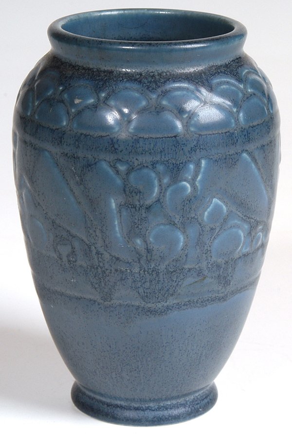 ROOKWOOD BLUE MAT GLAZE VASE W/MOLDED DESIGNS