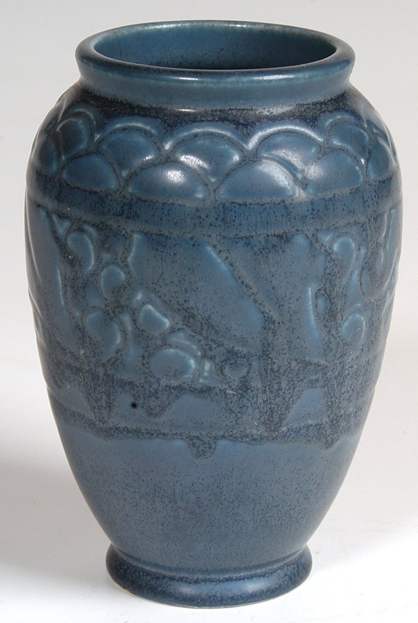 ROOKWOOD BLUE MAT GLAZE VASE W/MOLDED DESIGNS - 2