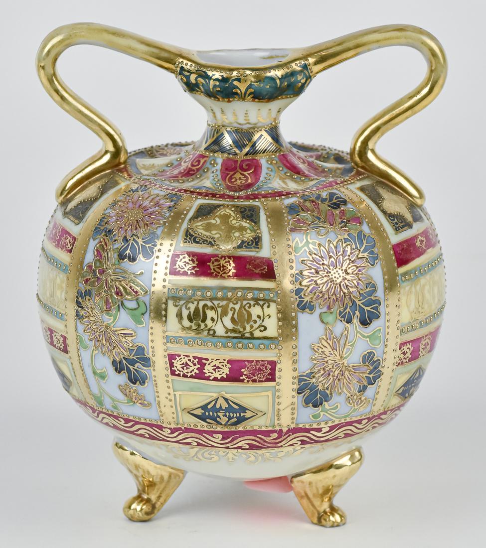 Nippon Footed Vase with Gold Decoration: Double handled, with florals and butterflies. Maple leaf backstamp.
