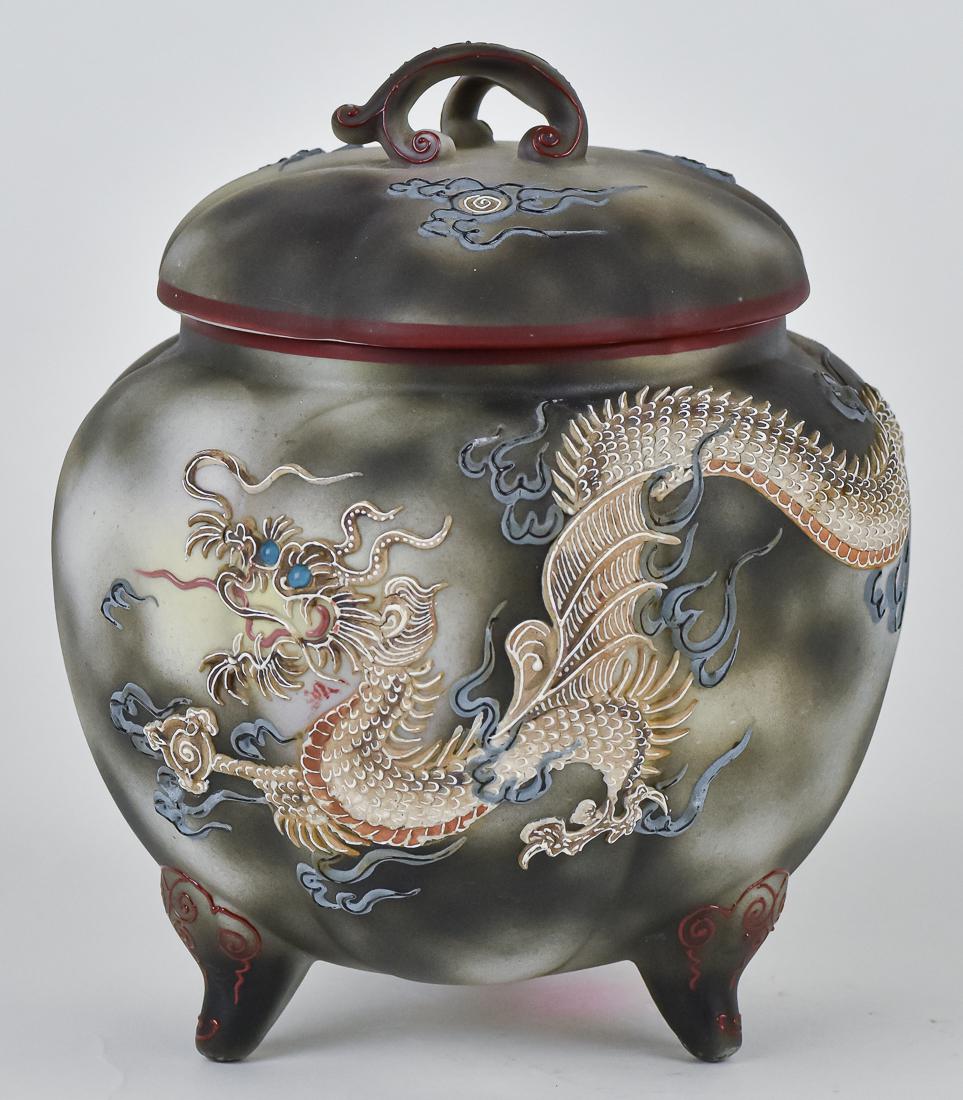 Nippon Moriage Dragon Covered Jar: Tri-footed. M within wreath backstamp. 7 1/4" high. Good condition.