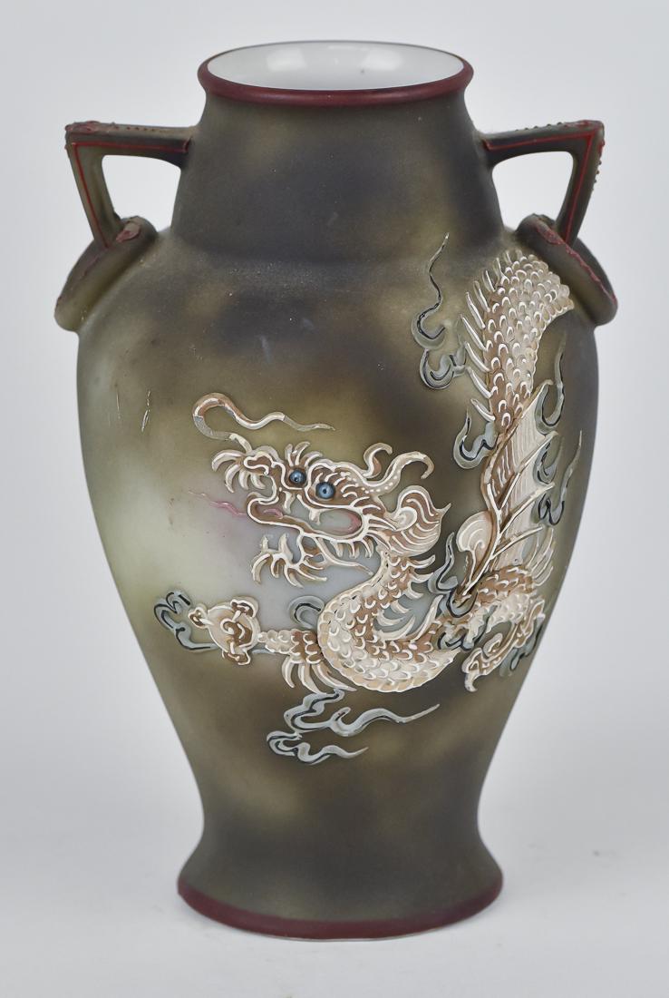 Nippon Moriage Dragon Vase: Double handled, with rings. M within wreath backstamp. Good condition.