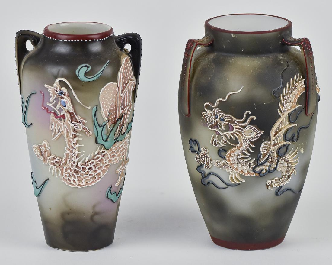 Two Nippon Moriage Dragon Vases: One with Nagoya backstamp, other with M within wreath backstamp.