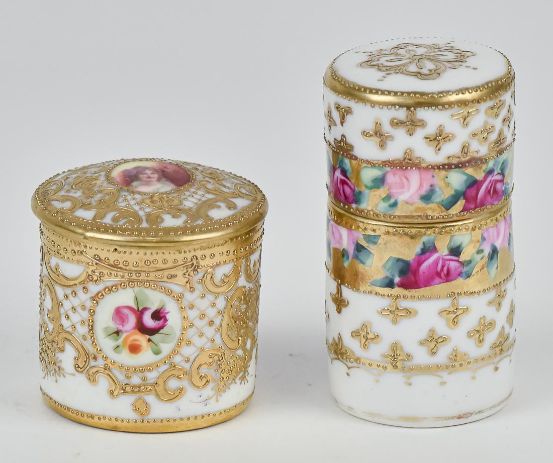 Small Nippon Pin Holder & Trinket Box: Pin holder with rose and gold decoration. Maple leaf backstamp. 3 3/8" tall. Good condition. Trinket box with portrait on top and lovely gold decoration. 2" high. Good condition.