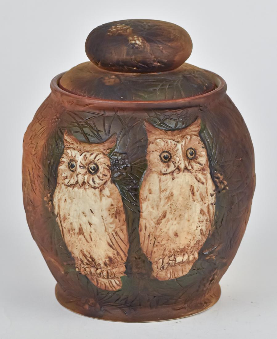 Nippon Owls Molded in Relief Humidor: Scarce humidor with two molded owls. M in wreath backstamp. 6 3/4" high. Good condition.