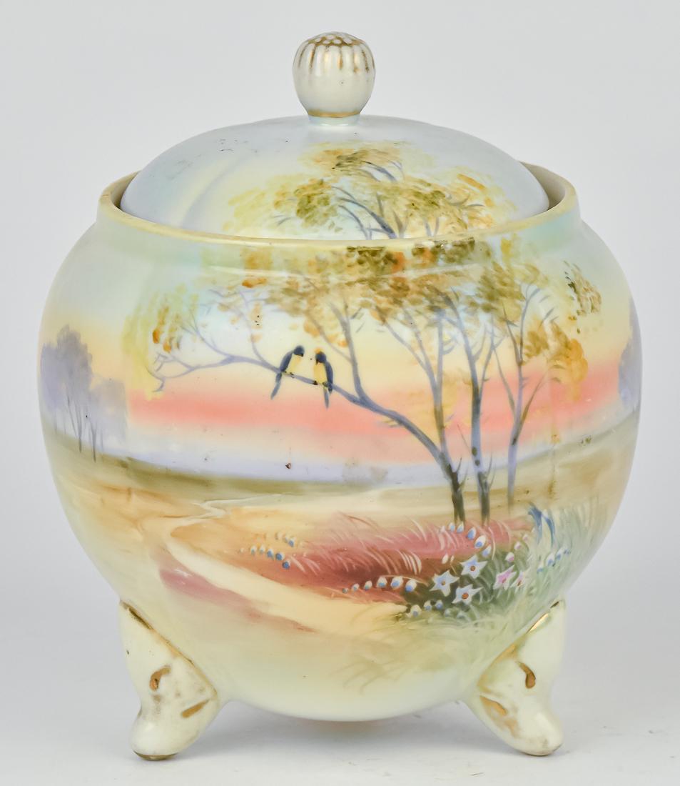 Nippon Scenic Footed Cracker Jar: M within wreath backstamp. 7 1/4" high. Good Condition.