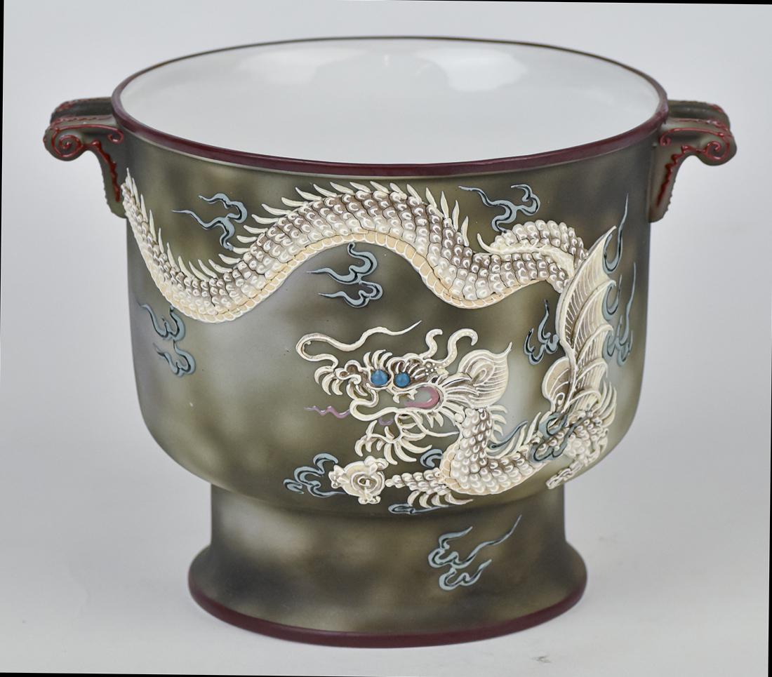 Nippon Moriage Dragon Footed Bowl: Double handled. M within wreath backstamp. 7 1/2" x 5 1/2". Good condition.