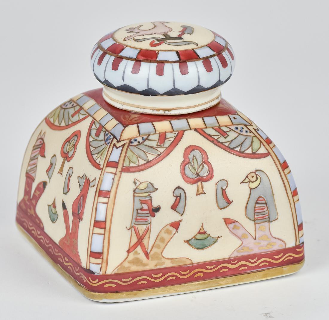 Nippon Inkwell with Egyptian Motif: Has original insert. M within wreath backstamp. 4 " wide x 4" high. Good condition.
