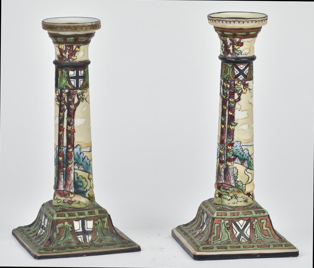 Pair of Nippon Woodland Candlesticks: Scarce pair of candlesticks. M in wreath backstamp. 9 1/2" high. Good condition