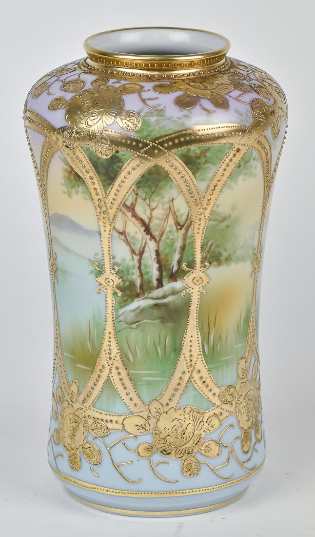 Nippon Scenic Vase with Gold Overlay: Maple leaf backstamp. 8 1/2" high. Good condition.