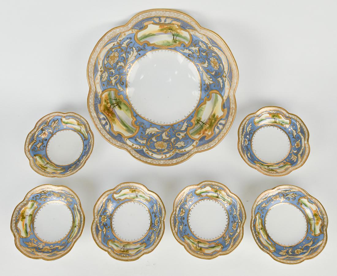 Nippon Scenic Berry Set: Includes 10 1/4" bowl with three scenic panels & gold highlights on lovely blue background, and six 5" berry bowls. M within wreath backstamp. Good condition