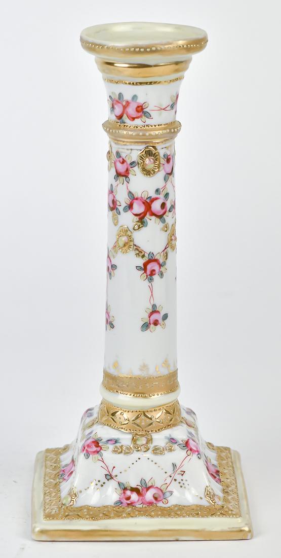 Nippon Floral & Gold Decorated Candlestick: With maple leaf Nippon backstamp. 9 1/2" High. Fine Condition.