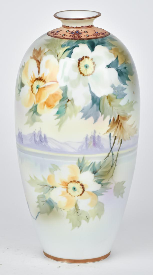 Nippon Floral Decorated Vase with Beaded Jewels: Maple leaf Nippon backstamp. 9 3/4" High. Good condition.
