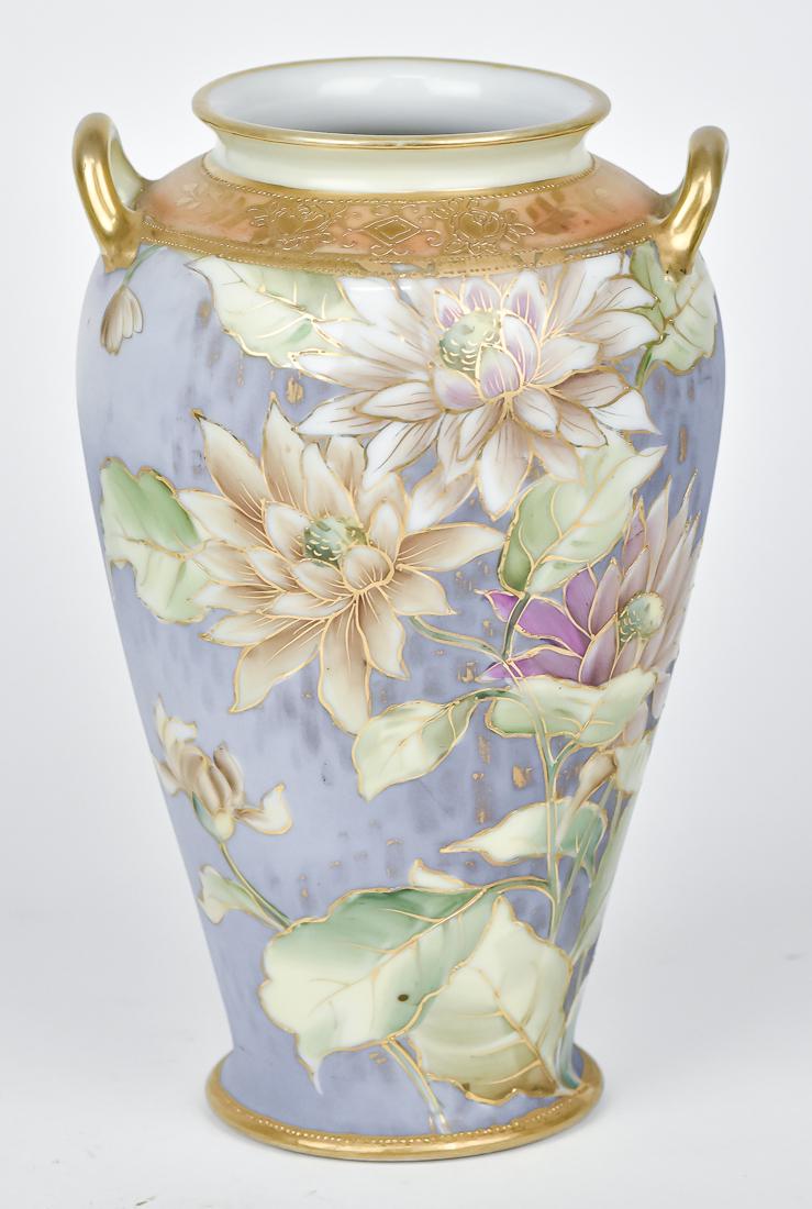 Nippon Floral & Gold Decorated Vase: Double handled, with gold highlighted florals. M within wreath backstamp. 8" High.