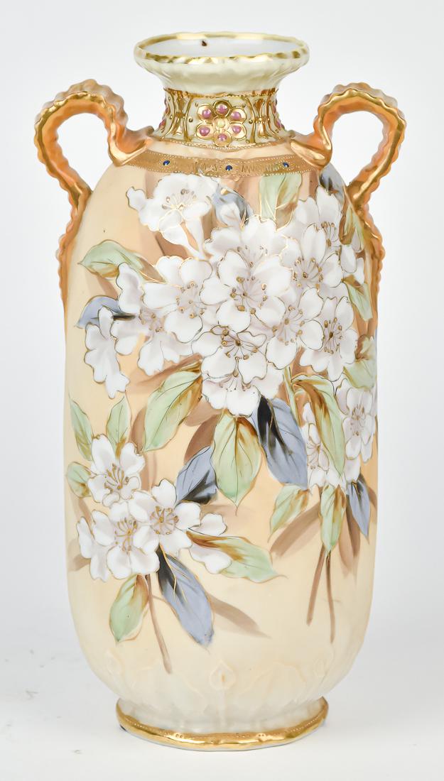 Nippon Vase With Beaded Jewels: With unusual, ruffled double handles & beaded jewels at top, and gold highlighted florals below. M within wreath backstamp. 11 1/4" High. Good condition.