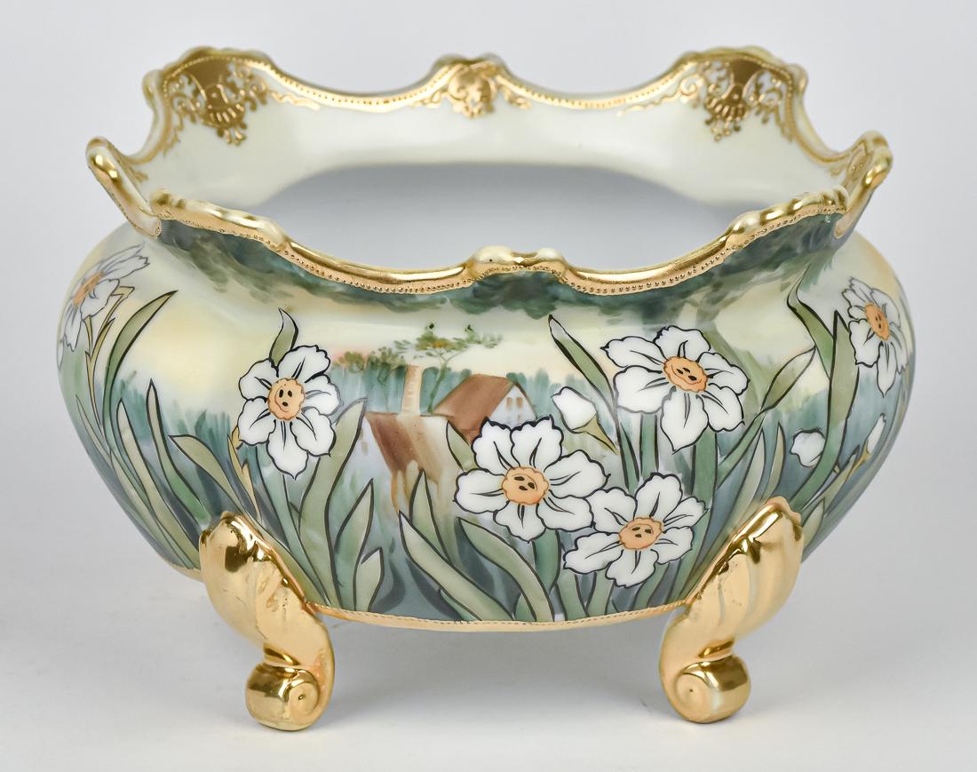Nippon Footed Fernery: Nice footed fernery with hand painted florals, with landscape in background. 5 1/4" X 7 3/4" Diameter. M within wreath backstamp. Good condition.