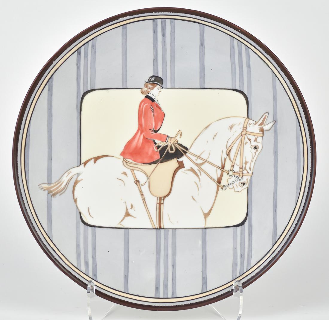 Nippon Equestrian Hanging Plaque: M within wreath backstamp. 10" diameter. A few minor beads missing, otherwise good condition.