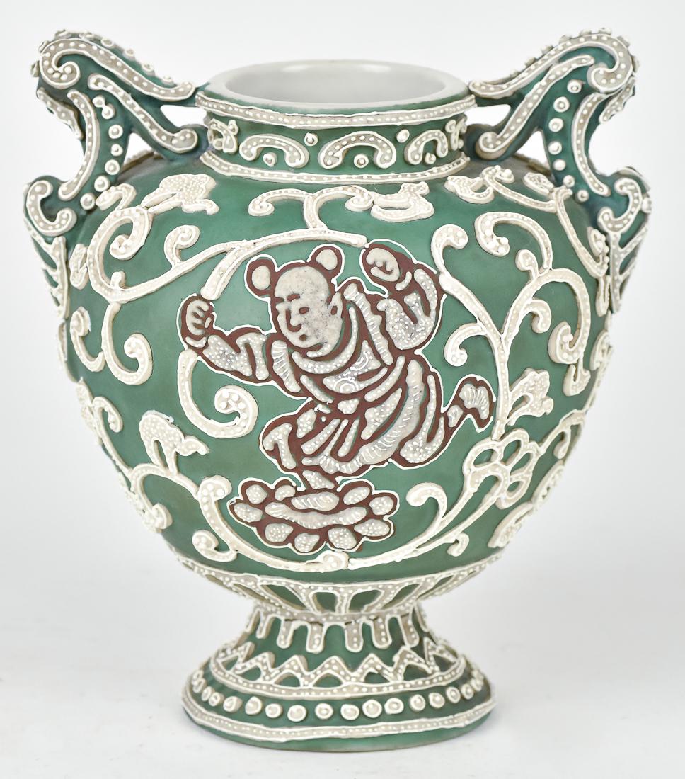 Nippon Moriage Vase with Japanese Figure: Double handled. Unmarked. 6 1/2" high. Good condition. 6 1/2" high. Good condition.