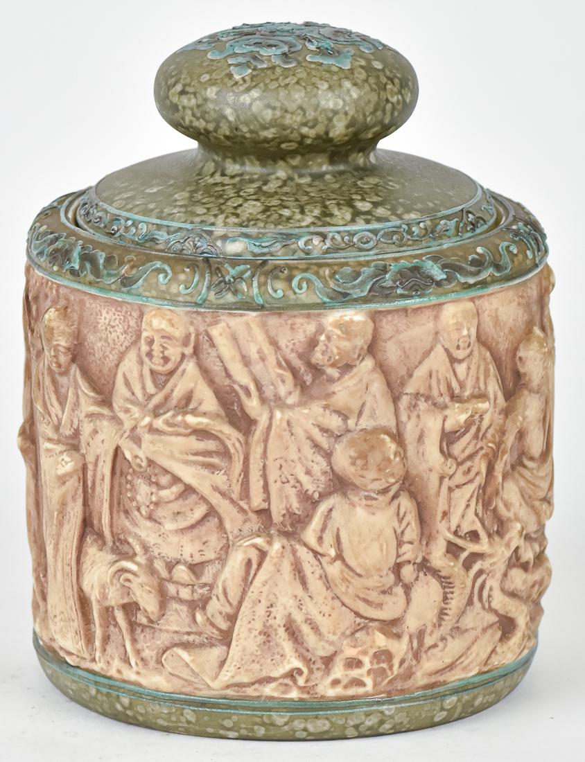 Scarce Nippon Molded in Relief Humidor: With Japanese Scholars and animals. Handel style lid with enamel work. M within wreath backstamp. 7 " high. Good condition.