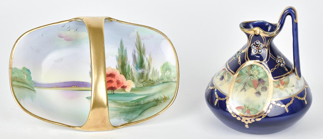 Nippon Cobalt Blue Ewer & Scenic Tray: 6" scenic ewer has maple leaf backstamp. 7 1/2" tray has M within wreath backstamp. Good condition.