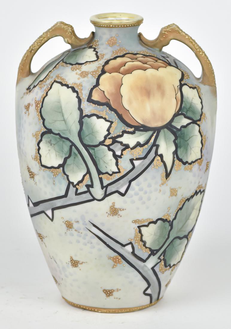 Nippon Double Handled Vase: Floral decoration with gold. Maple leaf backstamp.