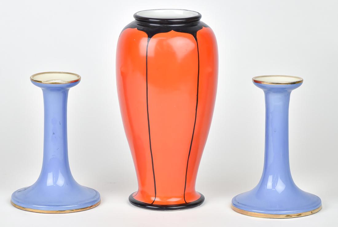 Nippon Vase & Candlesticks: Orange 9 1/4" vase with black trim. Nippon Made in Japan backstamp. 6 1/4" blue candlesticks with M within wreath backstamp. Good condition