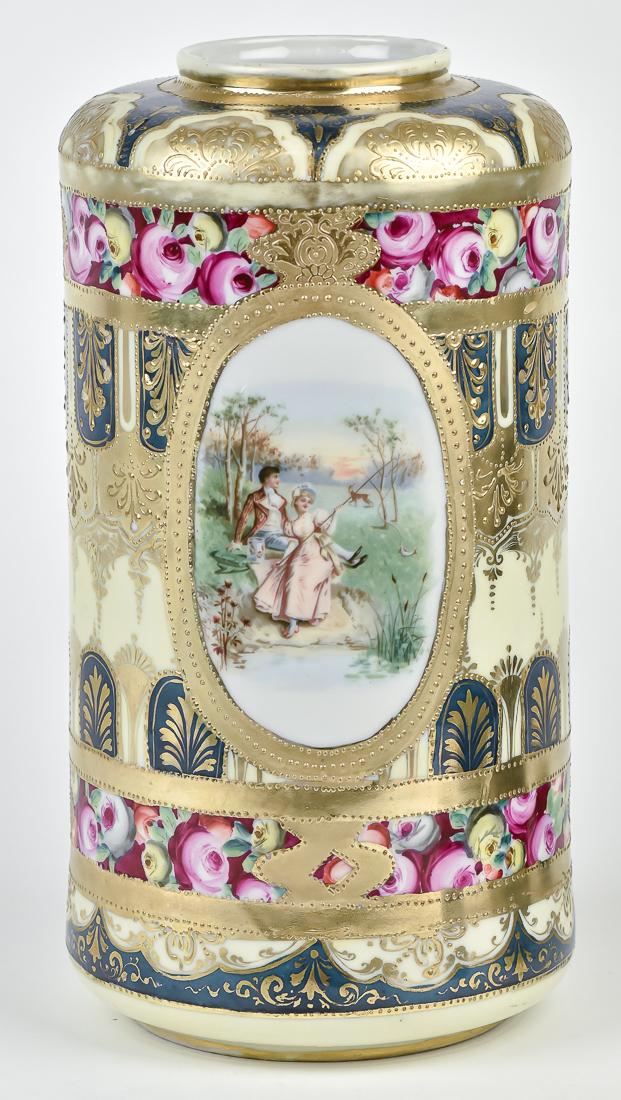 Large Nippon Cylinder Vase with Roses: Heavy gold work with floral designs. Unmarked. 12 1/4" high. Good condition.