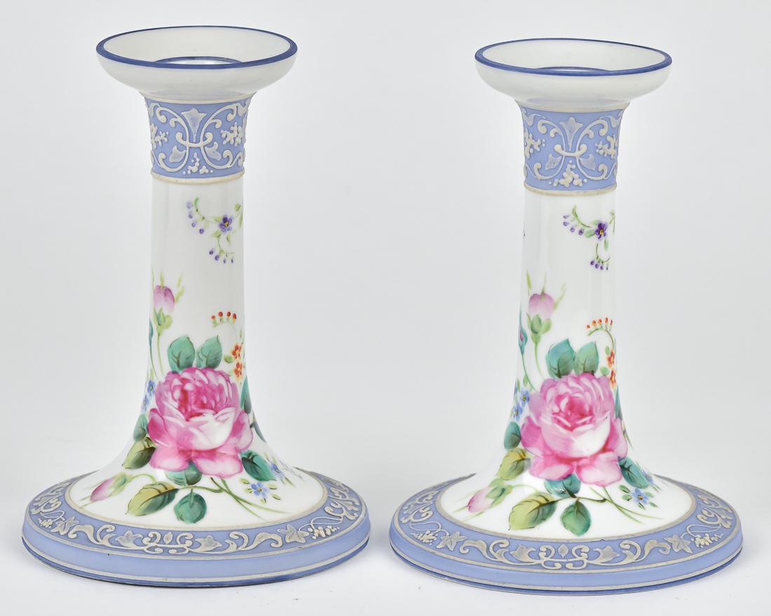 Pair Nippon Wedgewood Style Candlesticks: M within wreath backstamp. 6 1/2" high. Good condition.