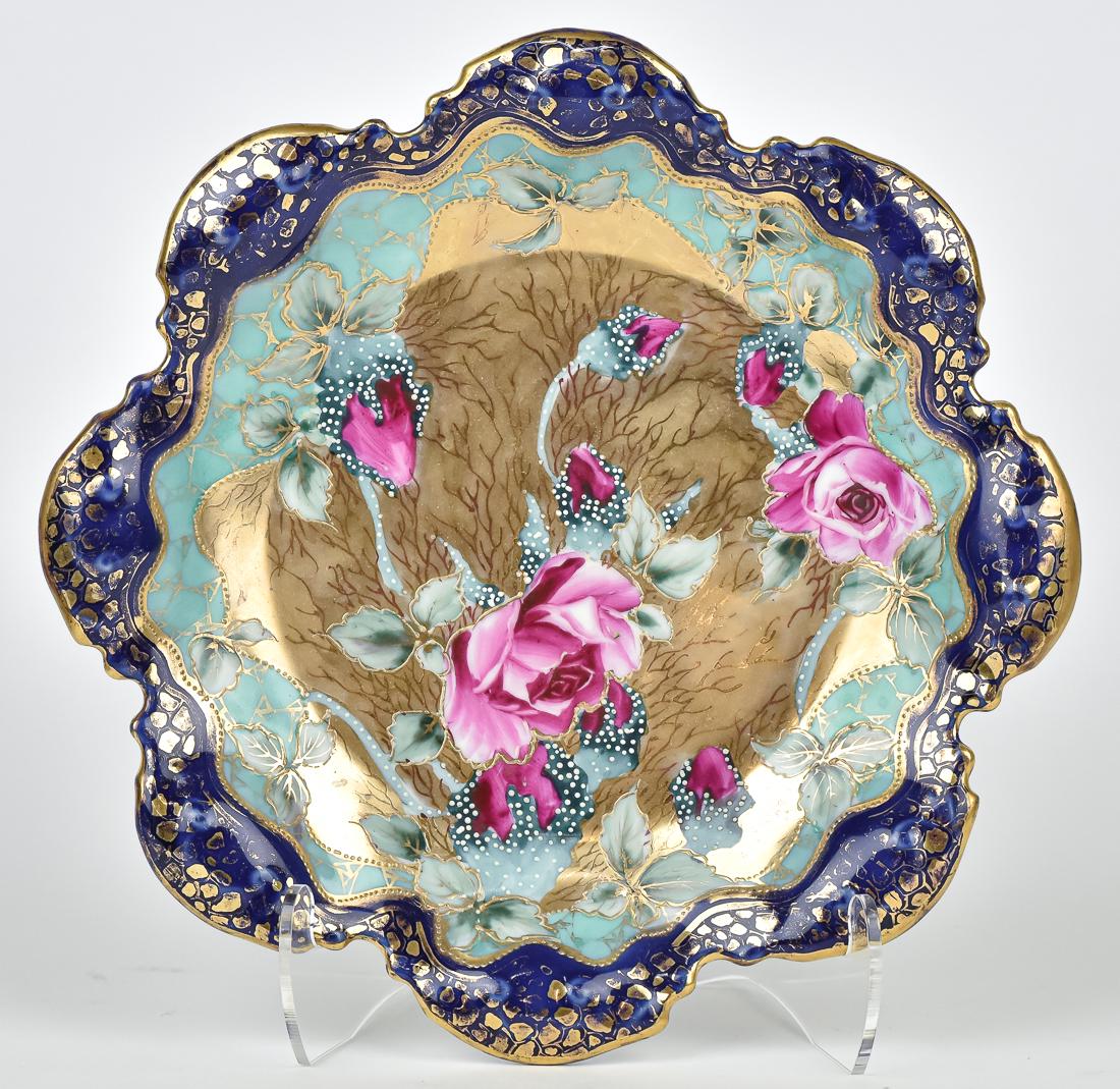 Nippon Cobalt Blue Plate with Roses: Scalloped edges with gold. 8 1/2" diameter. Good condition.