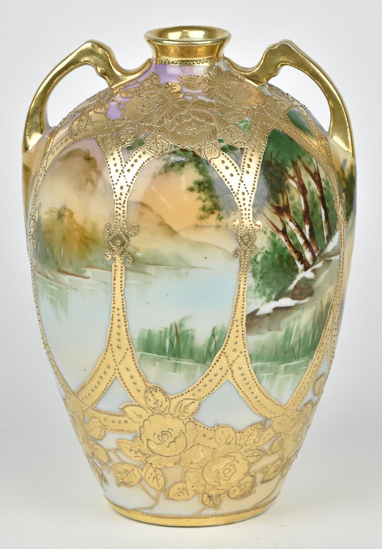 Nippon Scenic Gold Overlay Vase: Maple leaf backstamp. 8 1/4" high. Good condition.