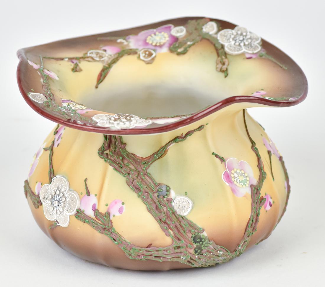 Nippon Moriage Plum Blossom Lady's Cuspidor: Small size with Moriage and floral decoration. Maple leaf backstamp. 3 1/4" x 5 1/4". Good condition.