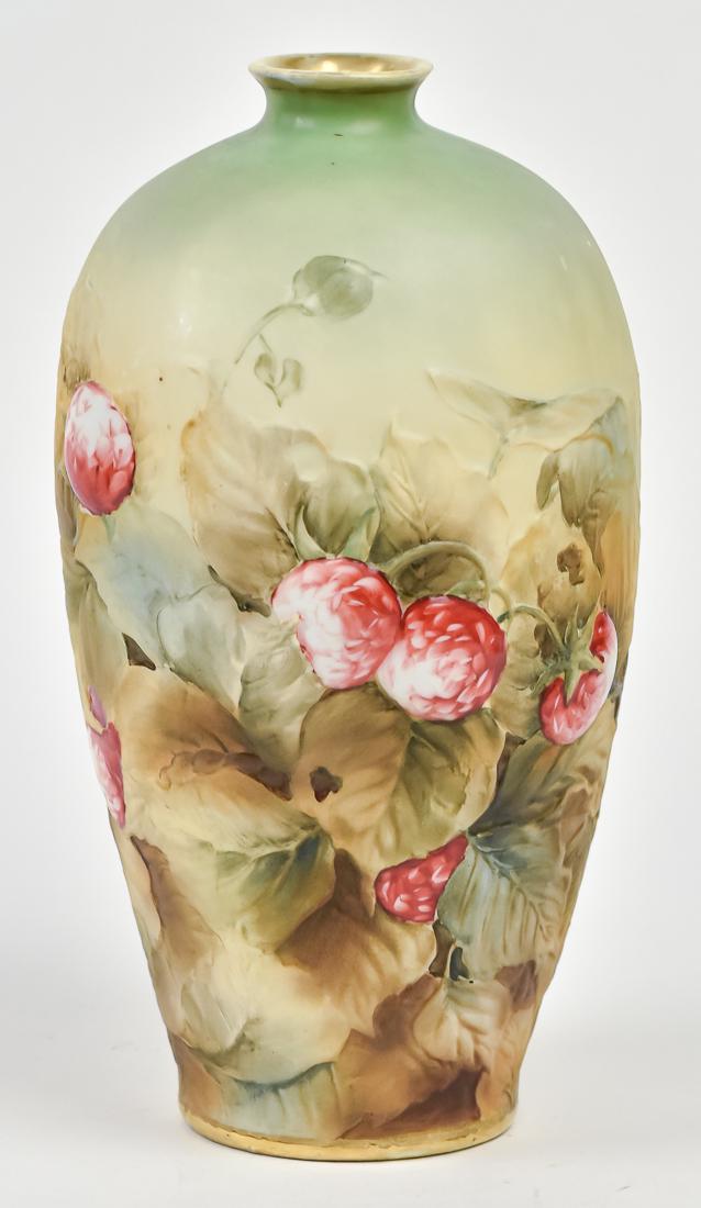 Scarce Nippon Strawberries Molded in Relief Vase: With molded fruit and leaves. 10 1/4" high. Maple leaf backstamp. Good condition.