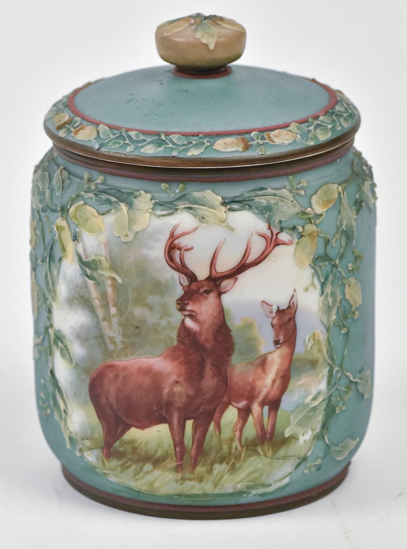 Nippon Humidor with Moriage Acorns & Leaves: With painted scene of male and female elk. M within wreath backstamp. 5 3/4" high. Good condition.