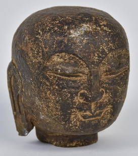 Carved Stone Buddah Head: 18th or 19th century, likely Chinese, head snapped from full figure, fine old patina, 2 1/2" x 3" high. Fine condition.